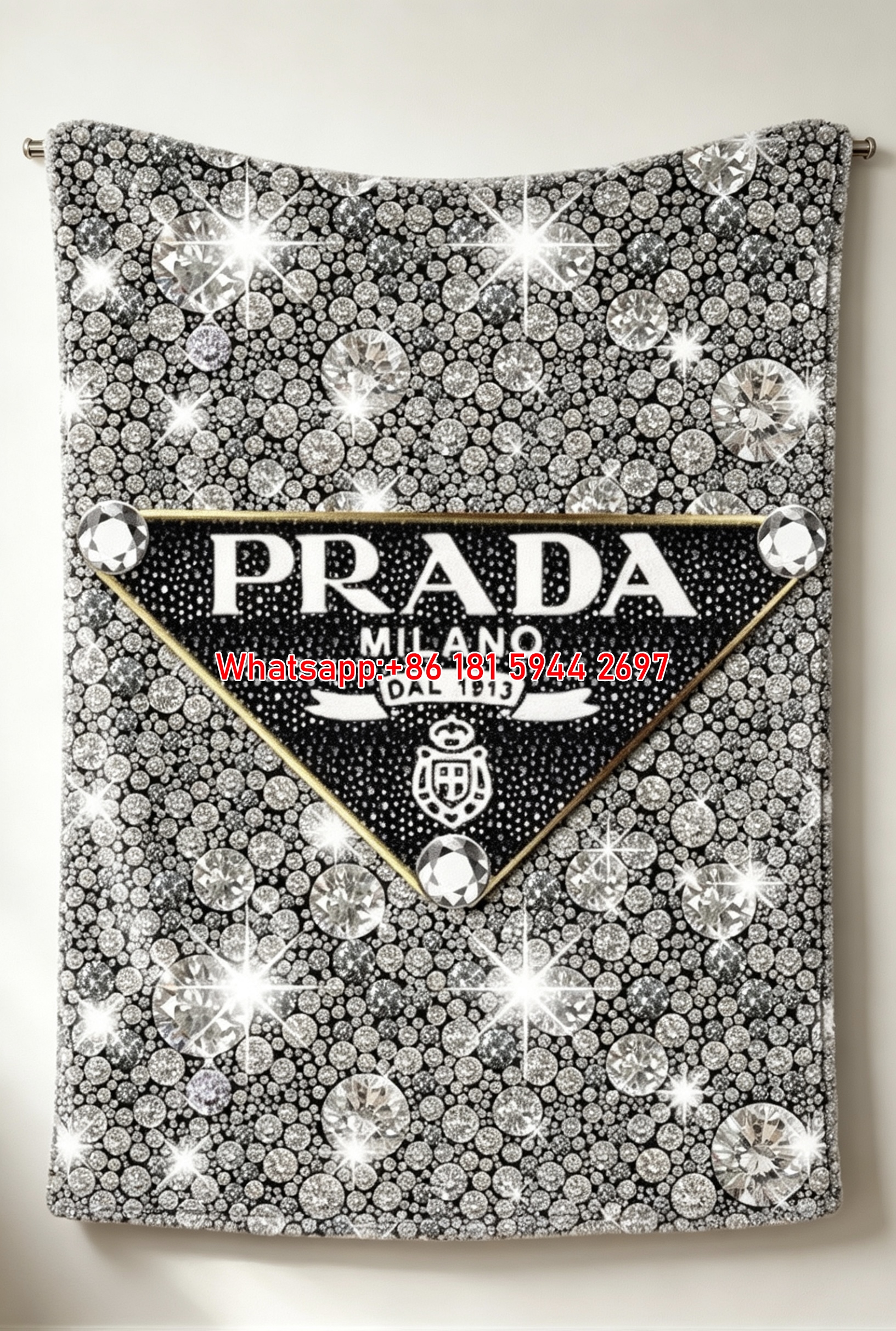 Prada Silver White Bling Diamond Print Flannel Throw Blanket IMG_2782